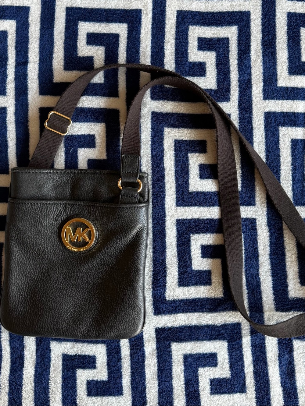 Michael Kors Black Leather Messenger Crossbody with Gold MK Emblem